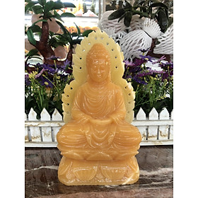 Tượng Phật Thích Ca Mâu Ni ngồi đài sen có hào quang đá ngọc hoàng long - Cao 25 cm
