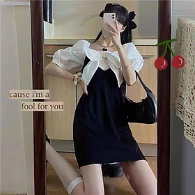 Đầm váy nữ tay phồng cổ vuông ngực phối nơ fom dáng xòe dễ thương, xinh xắn thời trang nữ cho nàng đi chơi, dạo phố
