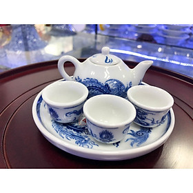 Mua Bộ ấm trà 3 chén men Lam Trắng Trơn họa tiết RỒNG