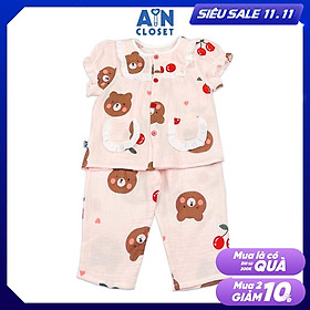 Bộ quần áo dài tay ngắn bé gái họa tiết Cherry Gấu hồng xô muslin