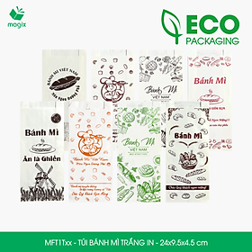 Combo 100 Túi bánh mì Trắng 24x9.5x4.5 cm - In sẵn họa tiết nhiều mẫu - Bao bánh mì Túi giấy thực phẩm an toàn