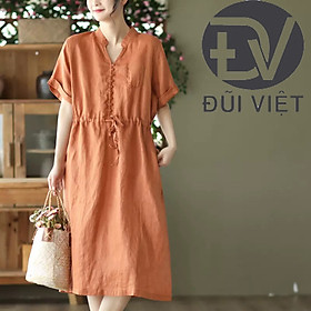 Đầm suông Linen hè nữ ngắn tay, cổ V phối cúc kèm dây thắt eo, chất liệu linen mềm mát Đũi Việt DV171