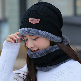 Set Mũ len lót lông kèm khăn ống mềm mịn giữ ấm mùa đông Unisex nam nữ - ĐEN