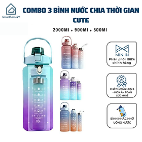 COMBO 3 Bình Nước Chia Vạch Nhắc Uống Nước Cute Sức Chứa Lớn Thể Thao - Chai Nước Bình Nam Nữ Dễ Thương Cốc Uống Nước Dễ Thương 2000Ml + 900Ml + 500Ml - HÀNG CHÍNH HÃNG MINIIN