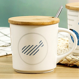 Ly cốc sứ Ocean fish kèm thìa nắp gỗ hình tròn cá sọc chéo 400ml