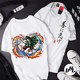 Áo thun trắng Anime, Manga Thanh g diệt quỷ Tanjiro lửa nước, Unisex Nam Nữ có Size áo từ 25-95kg