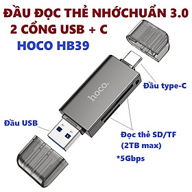 Hình ảnh Đầu đọc thẻ nhớ đa năng chuẩn 3.0 hai đầu kết nối Usb và type C cho điện thoại laptop hoco HB39 _  hàng chính hãng