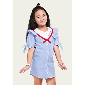 Đầm Suông Cho Bé Gái Phối Cổ Bèo YF - Sọc Đỏ Và Sọc Xanh - Dáng Sơ Mi Có Nút Cài - Tay Thắt Nơ - 9DX545