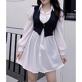 Váy sơ mi trắng phối áo gile đen, Set váy trắng bánh bèo KAZY STORE B007