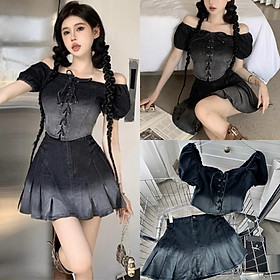 ĐẦM SET ÁO CROPTOP CỔ U TRỄ VAI DÂY ĐAN JEANS + CHÂN VÁY NGẮN LƯNG CAO CHỮ A XÒE XẾP LY ĐI TIỆC ĐI CHƠI DẠO PHỐ ĐI BIỂN