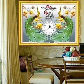 Mua Tranh thêu chữ thập đồng hồ chim công LV3157 - 57 x 44 cm - chưa thêu