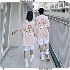 Áo Thun Nam Nữ From Rộng Tay Lỡ - Ủn Ủn Meo Meo Chất Liệu Vải Thun Cotton 100% - Màu Hồng Pastel In Hoa Cúc