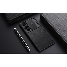 Bao da chống sốc cho Samsung Galaxy S23 Ultra hiệu Nillkin Qin Pro trang bị nắp bảo vệ Camera (Chất liệu da cao cấp, có ngăn đựng thẻ, mặt da siêu mềm mịn) - hàng nhập khẩu - Đen