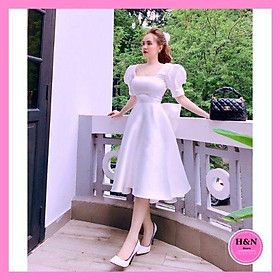 Váy Thiết Kế Xòe a, Váy xòe a trắng cổ vuông tay bồng, nơ lưng - H&N Store
