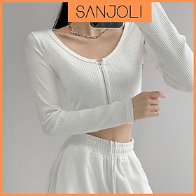 Áo Croptop Ôm Tay Dài SANJOLI Áo Kiểu Croptop Nữ Body Sexy Cổ Tim  Đẹp Bánh Bèo Trắng Đen AO036