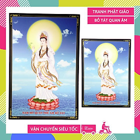 Mua Tranh Phật Bồ Tát Quan Âm áo trắng đứng hào quang giữa trời xanh - 2 cỡ