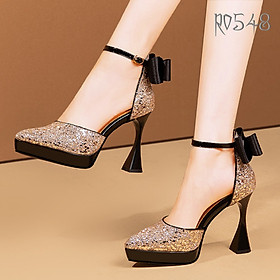 Giày sandal nữ đẹp cao gót 9 phân hàng hiệu rosata hai màu đồng bạc da mềm ro548