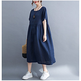 Đầm bầu nữ thời trang, Váy bầu suông linen nữ cổ tròn ngắn tay nhún eo B81
