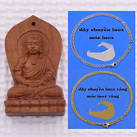 Mặt Phật Thích co Mâu ni Gỗ đào kèm vòng cổ dây chuyền inox - Mặt dây chuyền Phật tô, mặt Phật phong thủy bằng gỗ