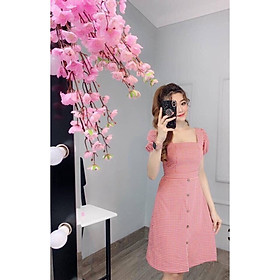 Đầm xòe sọc caro cổ vuông phối nút xinh xắn