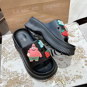 Dép Bánh Mì Nữ Nhựa Đúc Độn 5cm Đính Kèm 6 Sticker Siêu Nhẹ Êm Chân Chống Nước Chống Trượt - DL221 - Đen
