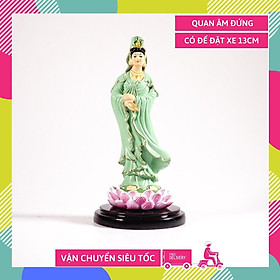 Tượng phật Quan Âm Bồ Tát đứng có đế Vẽ màu áo xanh - Cao 13cm