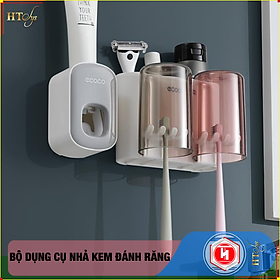 Bộ dụng cụ nhả kem đánh răng tự động 2/3/4 cốc và giá treo bàn chải đa năng HT SYS-ECOCO-Chất liệu ABS cao cấp + 01 sét móc vàng tài lộc - Hàng Nhập Khẩu
