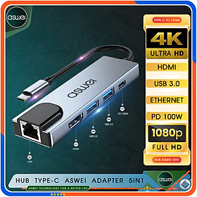 Hub Type C ASWEI 5in1 To HDMI, USB 3.0, Lan RJ45, PD 100W - Hàng Chính Hãng