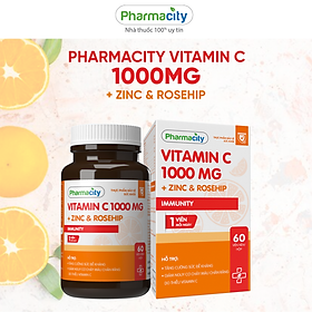Viên hỗ trợ đề kháng, giảm mệt mỏi Pharmacity Vitamin C 1000mg + Zinc & Rosehip (Chai 60 viên)