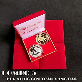 Combo 5 hộp nhung đựng xu con Trâu Úc màu vàng và bạc, vật phẩm phong thủy cầu may mắn, dùng trưng bày bàn sách, mang theo trong túi, làm quà tặng