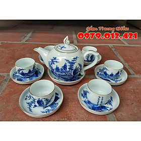 Mua Bộ ấm chén Bát Tràng men lam kẻ vàng kim Trúc Lâm Thất Hiền