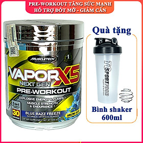 Combo Pre-Workout Vapor X5 của MuscleTech hương Blue Razz Freeze hộp 30 lần dùng hỗ trợ Tăng Sức Bền, Sức Mạnh, Đốt Mỡ, Giảm Cân mạnh mẽ cho người tập GYM & bình lắc 600 ml (Màu Ngẫu Nhiên)
