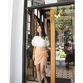 mix dress đầm - Trắng phối beige,M