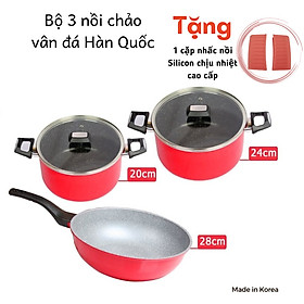 [Tặng cặp nhấc nồi silicon cao cấp] Bộ nồi chảo chống dính vân đá cao cấp Hàn Quốc Kims Cook dày dặn, nắp kính cường lực size 20+24 cm và chảo sâu lòng size 28cm