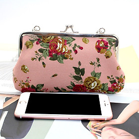 Women Vintage Coin Purse Floral Canvas Card Cellphone Pouch Clasp Bag with Chain Strap