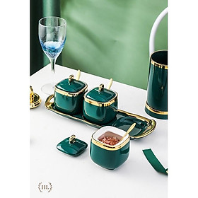 Mua Hũ đựng gia vị xanh kẻ viền vàng kèm thìa - Home Decor Size TO | BỘ GIA VỊ 3 HŨ SỨ XANH NGỌC BÍCH KHUNG INOX VÀNG GƯƠNG