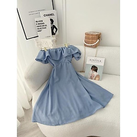 Đầm bẹt vai bèo xanh nhún lưng