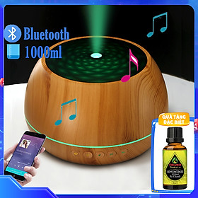 Combo Máy Khuếch Tán Tinh Dầu Nghe Nhạc Bluetooth + Tinh Dầu Sả Chanh Nguyên Chất - Máy Xông Tinh Dầu 1000ML Có Remote Điều Khiển Từ Xa, Đèn LED Nhiều Màu, Kết Nối Điện Thoại Nghe Nhạc Cực Hay - Vân Gỗ Vàng