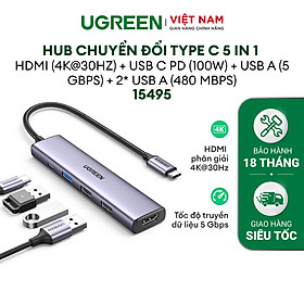 Hub chuyển đổi Type C Ugreen 5 in 1 | Vỏ nhôm cao cấp | Truyền tải nhanh chóng |  Hàng chính hãng - Bảo hành 18 tháng 1 đổi 1 | 15596 15597 15495