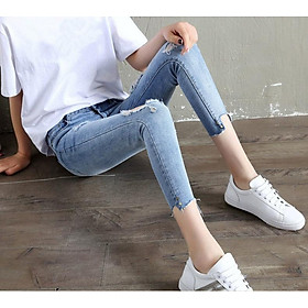 Quần jean dài 9 tấc BIG SIZE lưng cao, màu xanh nhạt, rách kiểu, co dãn mạnh 32566