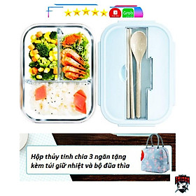 Hộp Cơm Thủy Tinh 3 Ngăn, Bộ Hộp Cơm Văn Phòng +Tặng Đũa Thìa Và Túi Giữ Nhiệt