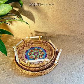 Mua Khay Phục Vụ Tay Cầm ONGTRE Bằng Mây Đáy Gỗ Họa Tiết Đựng Bánh Mì Trái cây Phong Cách Vintage