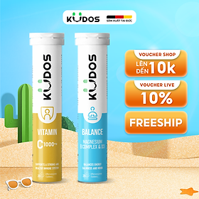 Combo Thực phẩm bảo vệ sức khỏe KUDOS BALANCE MAGNESIUM WITH B VITAMIN COMPLEX & D3 + KUDOS VITAMIN C 1000 MG (20v/tuýp)