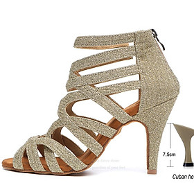 Giày khiêu vũ dép vàng Latin cho các cô gái chéo dây giày ổn định giày thoải mái giày samba vuông samba jusedanc Color: Silver heel 7.5cm Shoe Size: 3.5