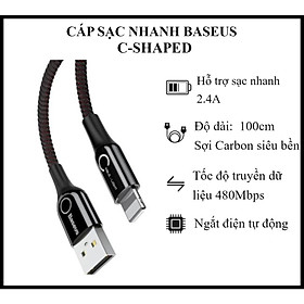 Cáp Sạc Nhanh Baseus C-shaped Intelligent 2.4A  - Dùng Cho iPhone iPad - Tự Ngắt Thông Minh - Trang Bị Đèn Led - Chất Liệu Sợi Carbon siêu bền - Hàng Chính Hãng