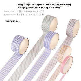 Hộp washi tape 6 cuộn vintage họa tiết kẻ caro cute xinh yêu dán sổ tay Lalunavn - A06