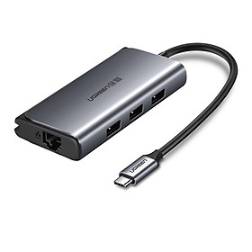 Cáp chuyển đổi USB-C dương Sang 3*USB 3.0 + 1*RJ45 1Gbps có cổng USB-C Power PD dài 15cm màu Xám Ugreen TC50252CM179 Hàng chính hãng.