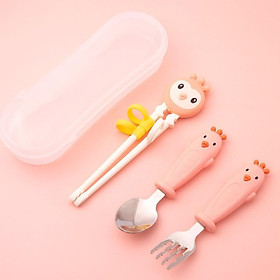 Thìa dĩa đũa inox cho bé tập ăn hình gà con xinh xắn đáng yêu kèm hộp nhựa
