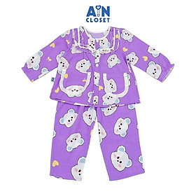 Bộ quần áo Dài bé gái hoạ tiết Gấu Misa Tím Lanh lụa - AICDBGGZGK2B - AIN Closet