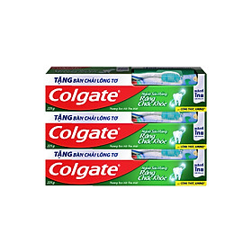 Bộ 3 kem đánh răng Colgate ngừa sâu răng răng chắc khỏe 225g/ tuýp tặng bàn chải lông tơ cao cấp Thái Lan